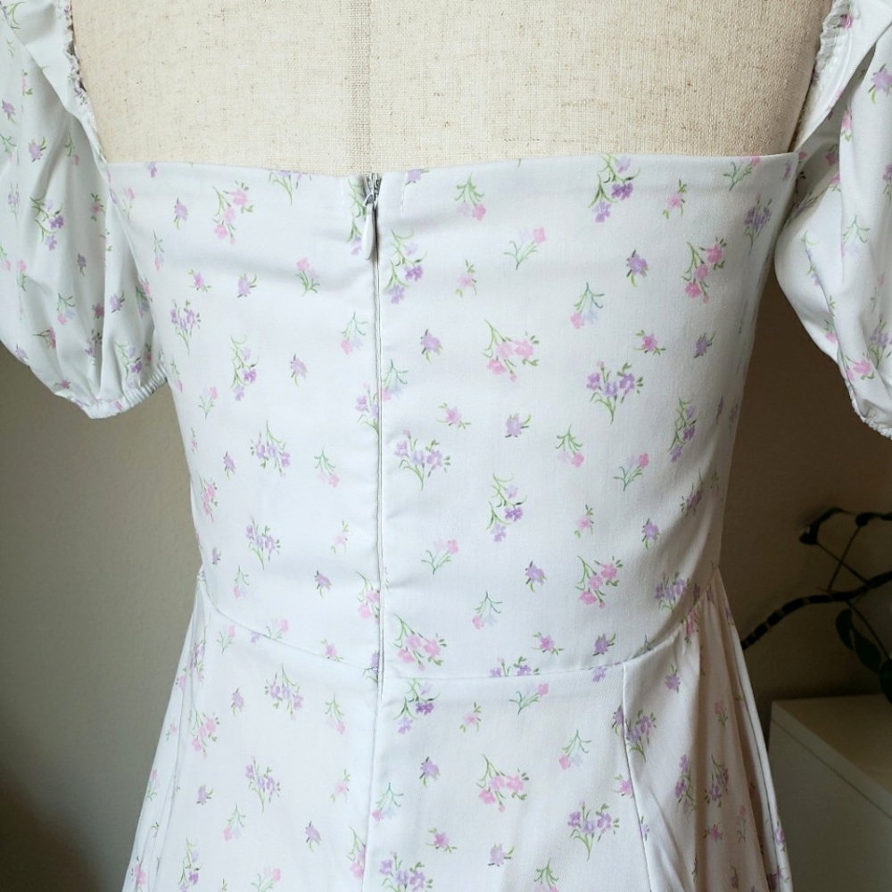 White Floral Print Puff-Sleeve Square Neck Midi Maxi Dress - Picture 8 of 12